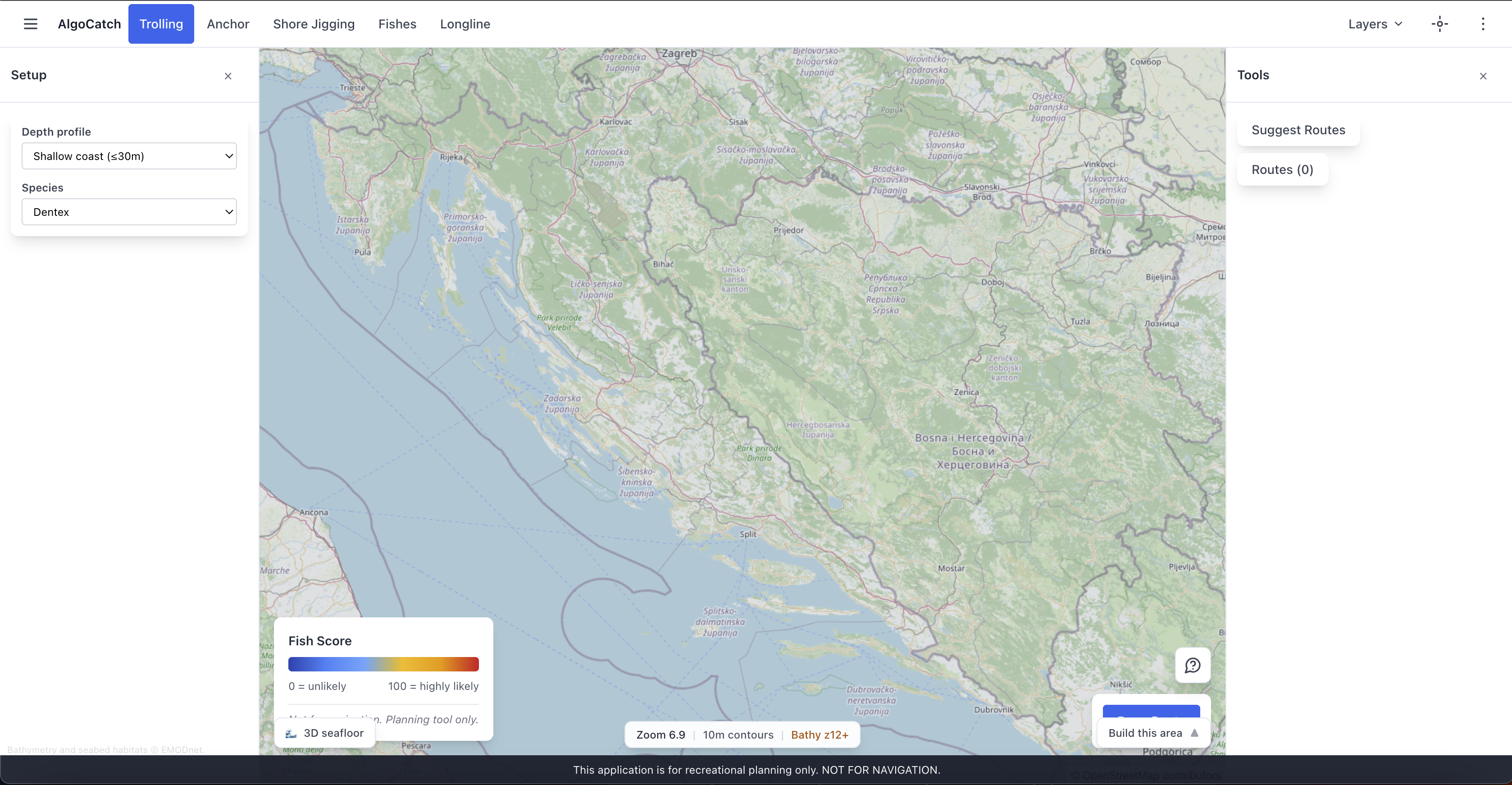 Posnetek zaslona AlgoCatch batimetrične karte